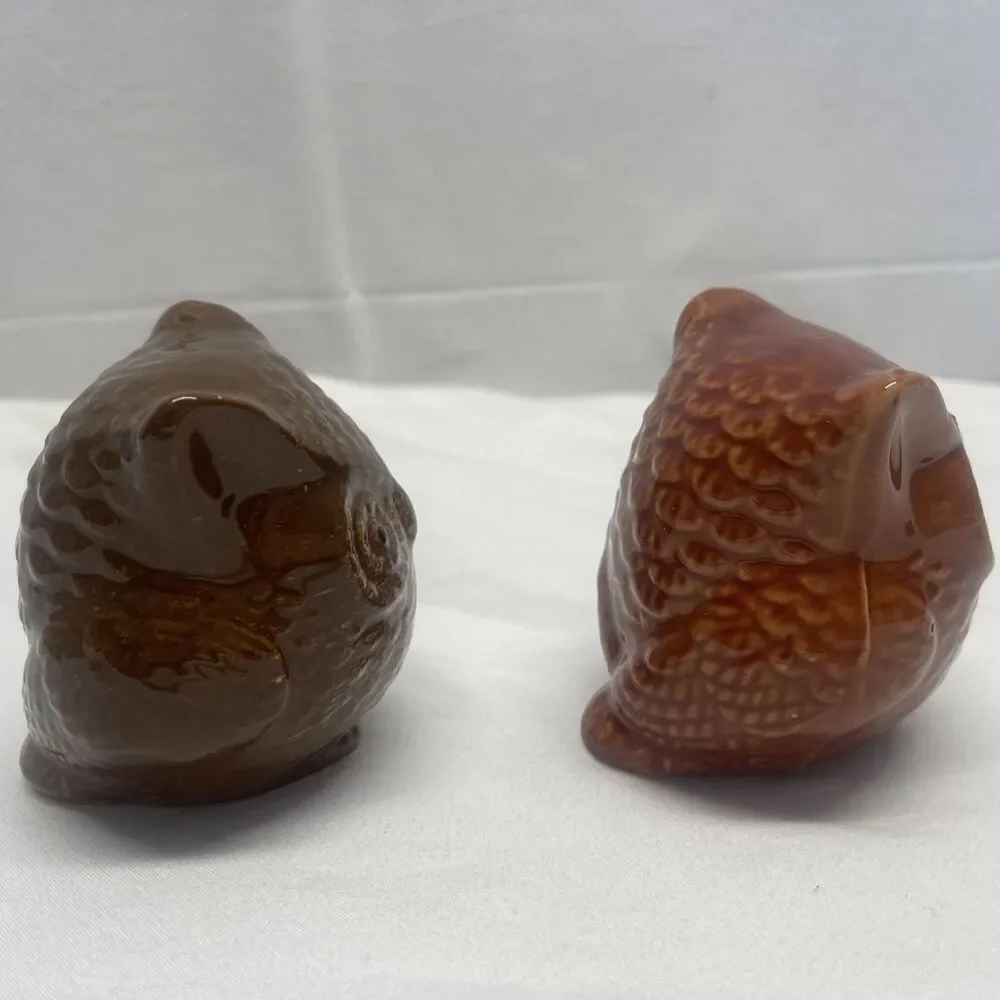 Vintage Set Lot 2 Glazed Porcelain Ceramic Owls Decor Brown Rust Collect MCM EC
